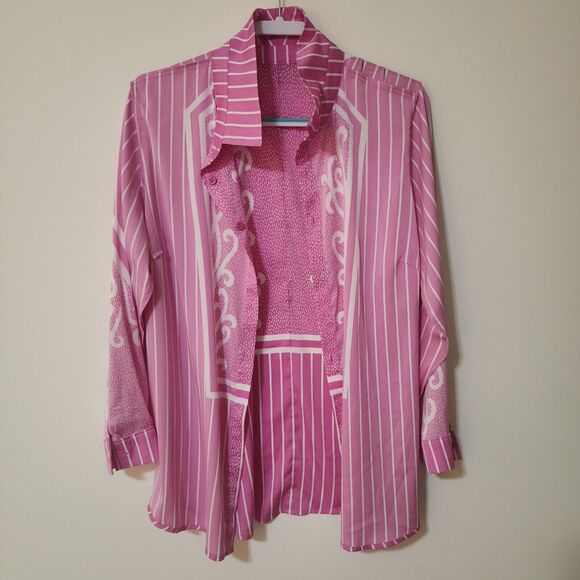 Bob Mackie Wearable Art Womens Button-Up Shirt Size 1X Pink White Lightweight - Picture 3 of 8